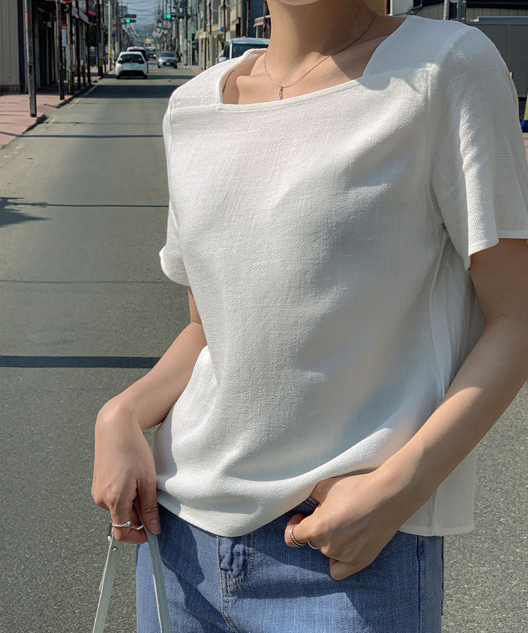 [original/S-XL]リネンスクエアネック半袖ブラウス