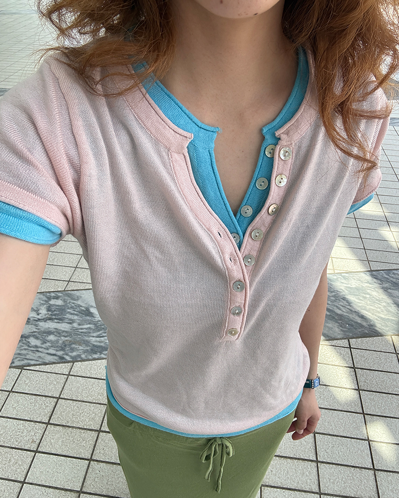 ヘンリネックボタンポイントハーフTシャツ