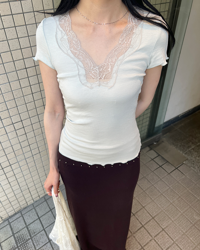 レースリブスリム半袖Tシャツ