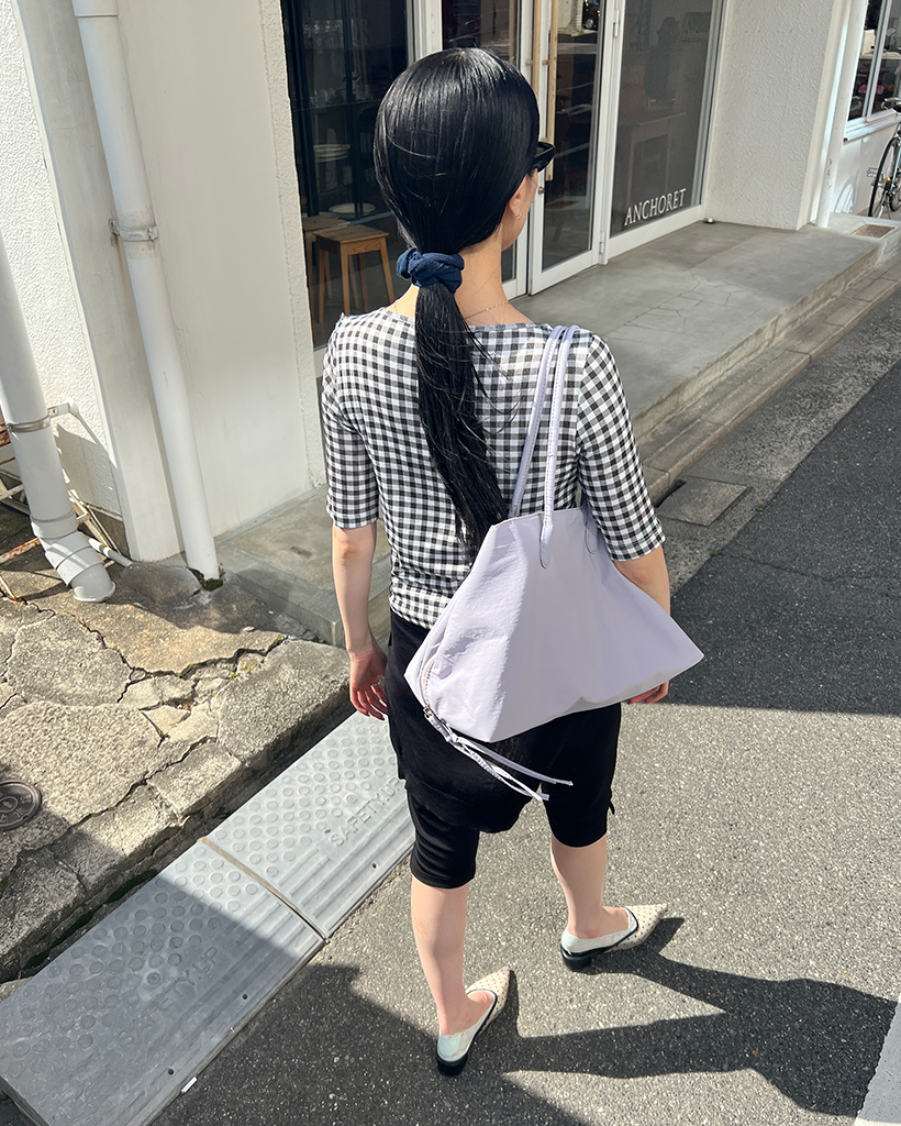 ギンガムチェックボートネック 5分袖 スリムTシャツ