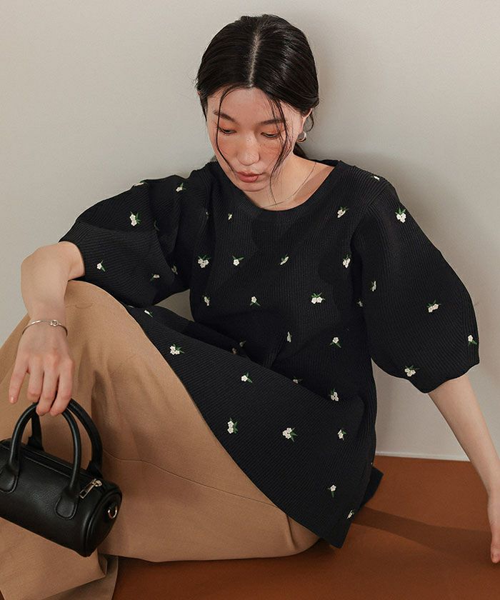 フラワー刺繍ペプラムニットトップス | ファッション通販サイト NUGU
