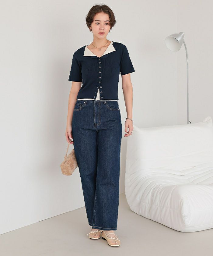 レイヤード風ハーフスリーブリブニットトップス | ファッション