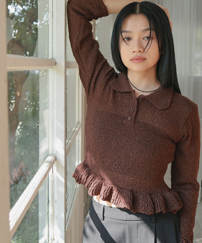 透かし編み裾フリルポロニット