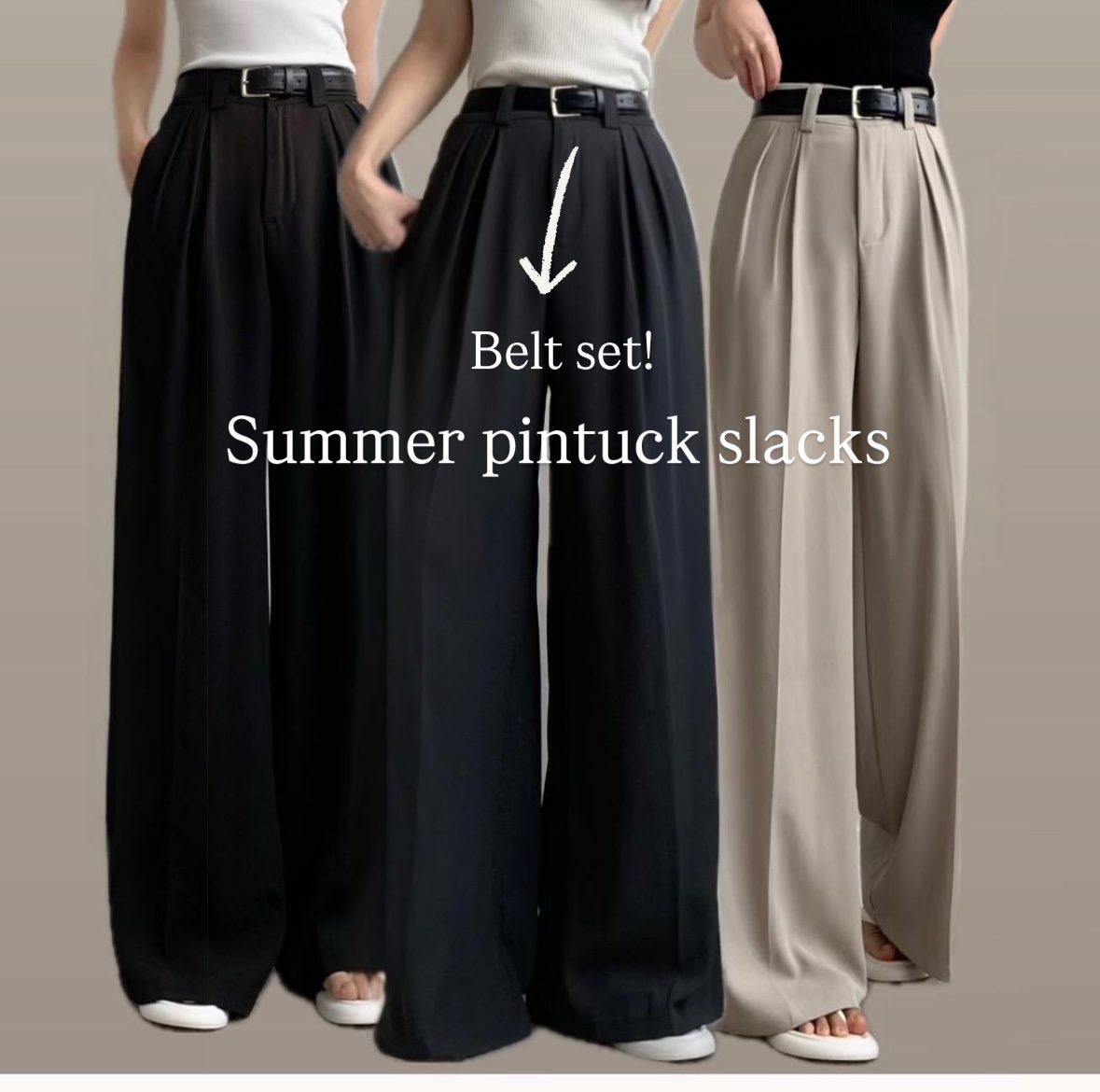 ベルトSET]ハイウエストスパンタック入りワイドスラックス