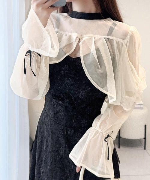 【mily bilet】オケージョンにも使える◎チュールと花柄ブークレーの異素材ワンピース mi1139096