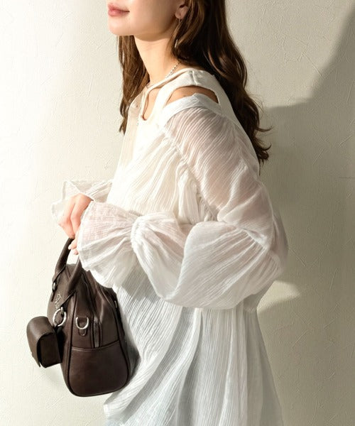 美品 CLANE 2万円 シアー素材 ボウタイブラウス 前後2way クラネ D