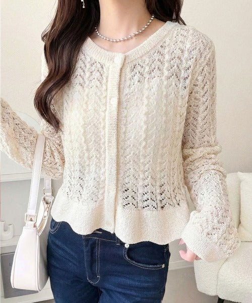 【mily bilet】ペプラムシルエットで軽やかにスタイルアップ♪前後2way透かし編みフリルカーディガン mi1029179