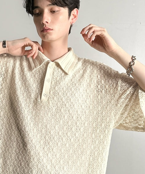 透け感、モードの余韻。」衿ダブルライン使いレース柄ニット