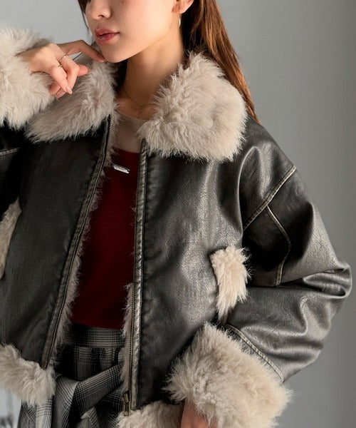 【mily bilet】季節を纏う。ファー使いヴィンテージライク ダメージフェイクレザーライダースジャケット mi1329065