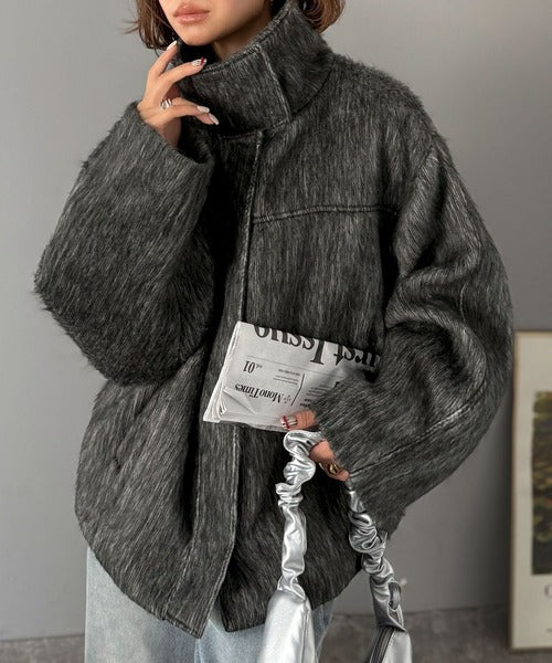 暖かさとおしゃれを両立♪ミックスシャギースタンドカラー比翼ミドル