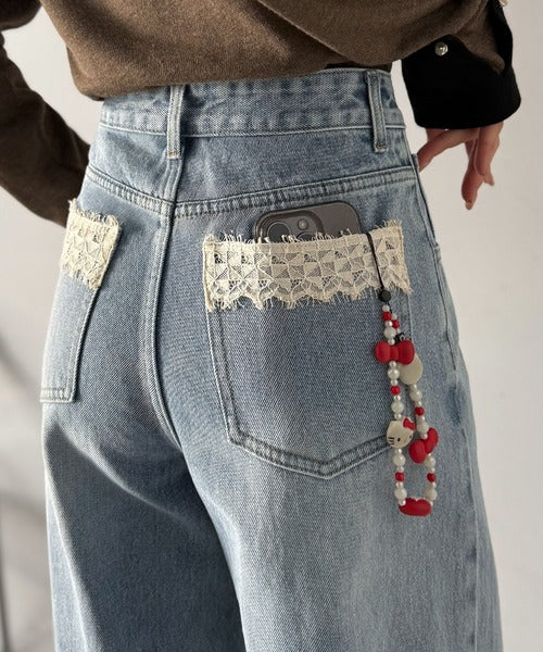 【mily bilet】うしろ姿までときめかせて。バックポケットレース使いアシンメトリーウエストデザインデニム（ワイド） mi0909020