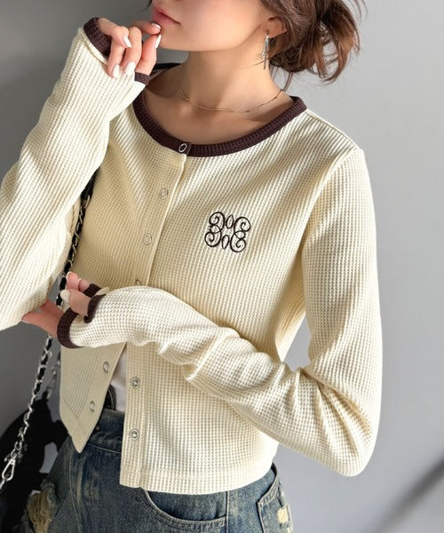 【mily bilet】洗練された大人のカジュアルスタイルに。配色指穴スナップボタンクロップドワッフルカーディガン（長袖） mi1269012