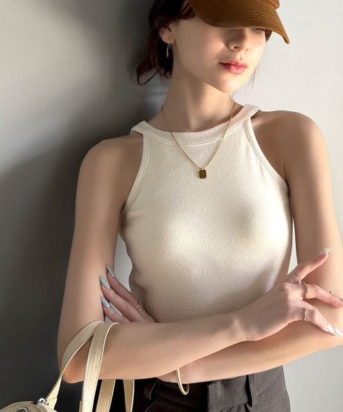 【mily bilet】シンプルに1枚でも着られる♪カップ付きテレコリブアメスリタンクトップ mi1029123