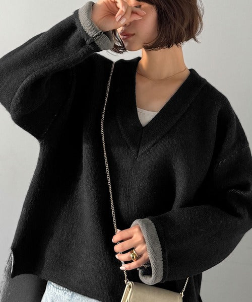 深めのネックが大人の抜け感をプラス◎WFACE Vネック配色ニットPO