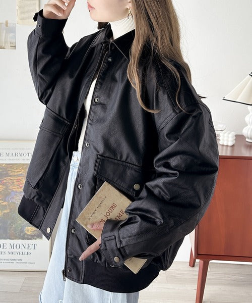 ダブルジップ裾ゴムフェイクレザージャケット | ファッション通販