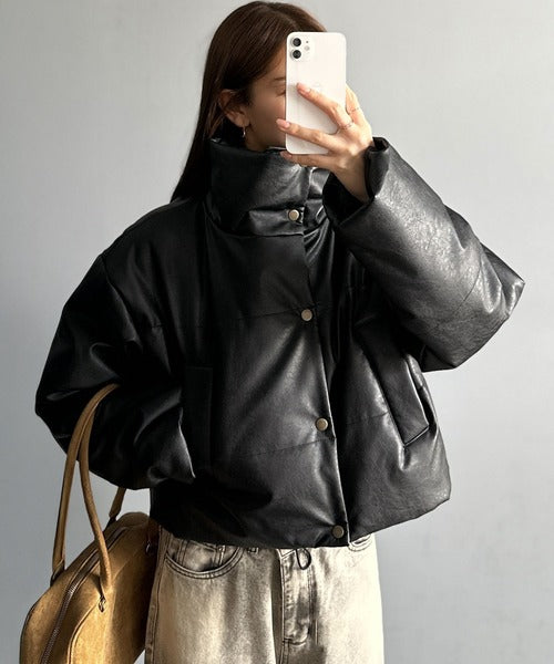 【mily bilet】ショート丈でスタイルアップ◎ ヴィンテージライクレザークロップド中綿コート mi1269013