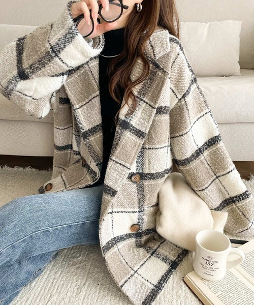 mily bilet】冬のコーデを引き立てる。起毛ブークレチェック柄コクーン