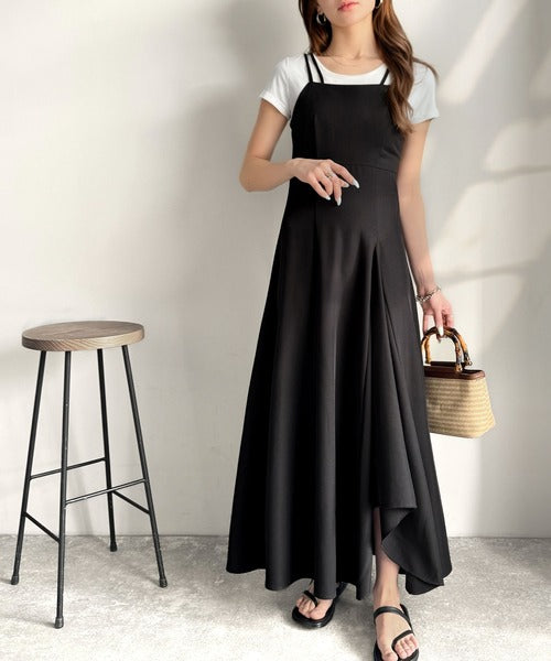 大人のエレガントテイスト。麻調ダブルストラップアシメキャミフレア