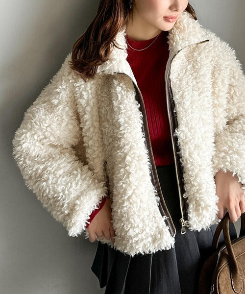 【連休価格】whitebear ファーブルゾン mily bilet】ふわふわのボリューム感♪フェイクレザーテープ使い