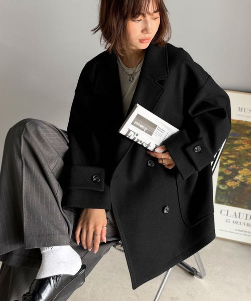 トレンドを先取り♪こなれ感UP、ダブルボタンジャケットメルトンコート（ミドル丈） ce1265008