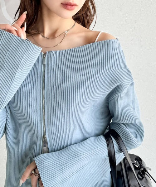 mily bilet】大人の愛されカーデ。オフショル2WAYダブルジップニット