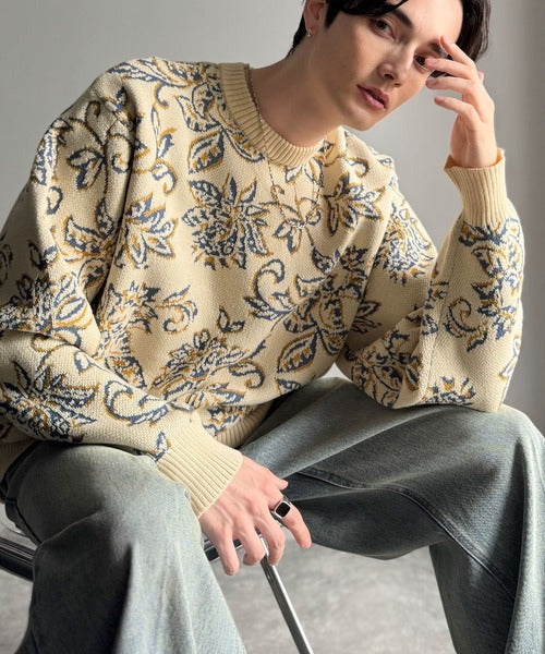 【classical origin】視線を奪う、ジャガード花柄ニット／Jacquard Floral Knit Sweater ao1020311