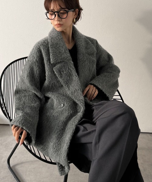 ふわり纏うだけで上品見え。2wayシャギーダブルビックカラージャケットコート（ミドル丈） ce1240097