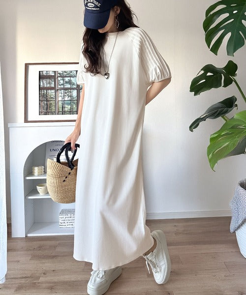 ルールロジェット　半袖ワンピース　ロング丈　ワッペン　日本製　綿　ホワイト　1 綿100% さらりと上品にきまる。袖タックラグラン半袖ワンピース