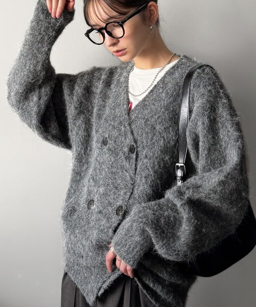 【Classical Origin】「アートな1着。」ミックスシャギー素材ダブルテーラードニットカーディガン／Mixed Shaggy Double-Tailored Knit Cardigan co0780011