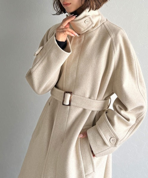 パラスパレス♡アシンメトリー ビッグカラー ウール コート 2 生成色 日本製 360度上品魅せ。衿2way比翼スタンドウール調ステンカラーコート