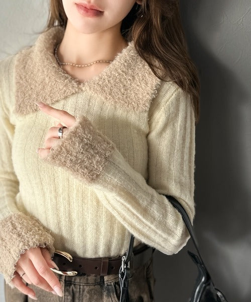 【mily bilet】可愛さ、ふわり2倍増し◎配色ファー衿リブニットプルオーバー（長袖） mi1029145