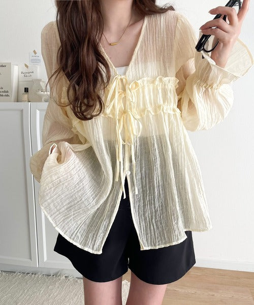 mily bilet】軽やかガーリー。リボン使いシアー楊柳フリルカーディガン