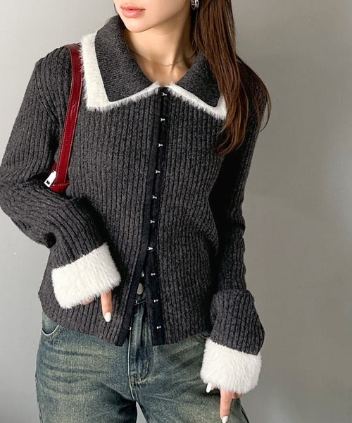 【mily bilet】レイヤード風で魅せる。異素材ダブル襟デザインリブニット素材フロントフックカーディガン（長袖） mi1029174