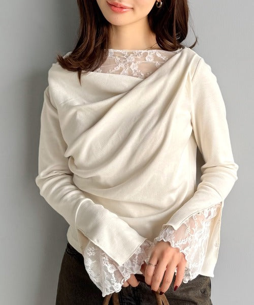【mily bilet】「ちら見え」が可愛い♪レース切替え胸元ドレープフレアスリーブプルオーバー（長袖） mi1359019