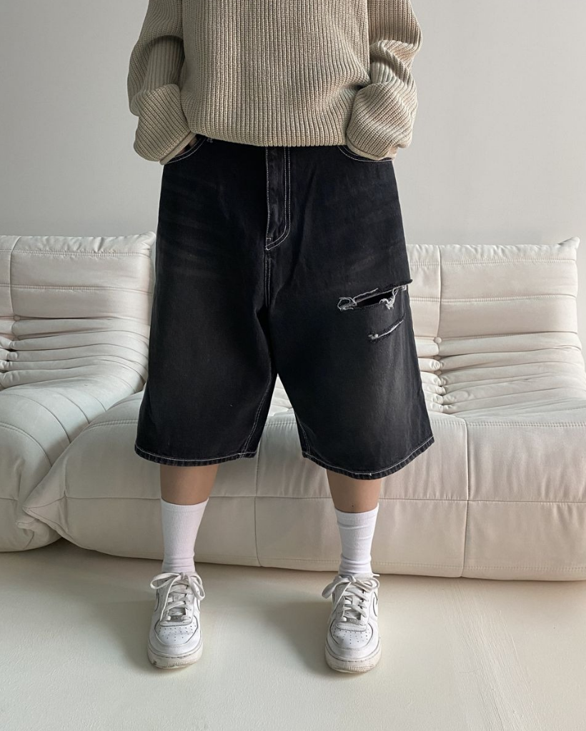 Y2Kバッグステッチローデニムハーフパンツ5分丈デニムパンツ