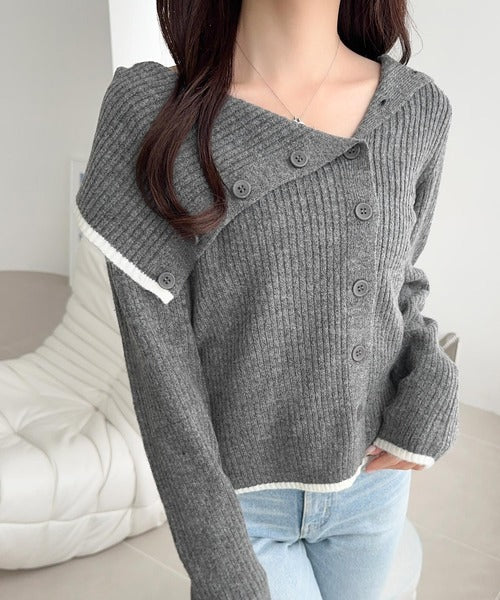 【mily bilet】ワザありカラーで華やかさをプラス◎アシンメトリーカラー見せ裾配色多ボタンニット mi1329059