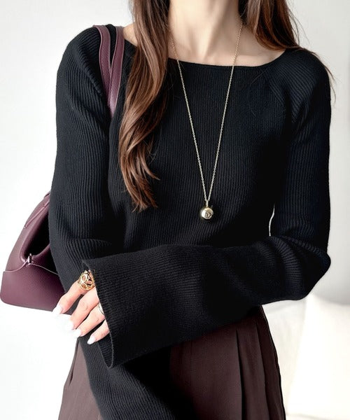 ユキ★ESSENTIAL レイヤードデザインリブトップス ブラック 予約]レイヤードフレアスリーブハイネックニットトップス