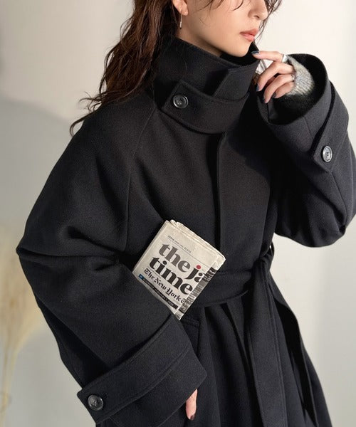 未使用✨ノーブル ベルテッドコート ウール 女優襟 Aライン ブラウン M 現行 SL】ウールブレンドスタンドカラーベルテッドコート/ブラウン（ココア