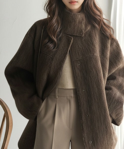 暖かさとおしゃれを両立♪ミックスシャギースタンドカラー比翼ミドルコート ce1010461