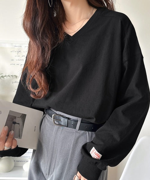 JaVa ジャバコラボ》シンプルなのに、存在感。綿100％Vネック切り替え