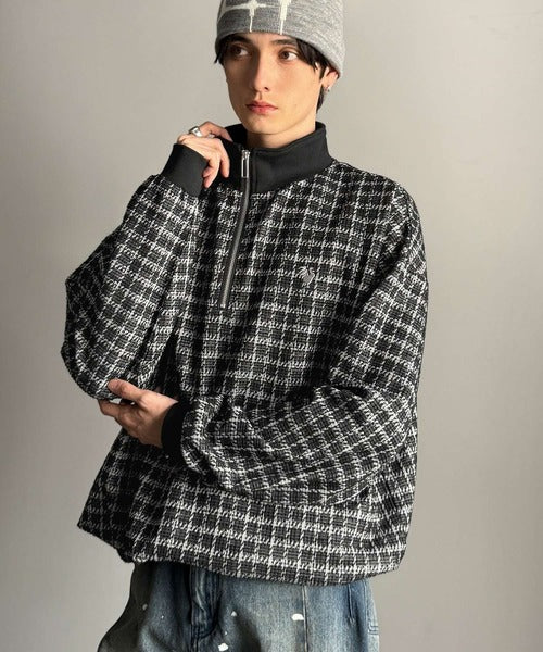 【Classical Origin】「上品カジュアル」。裾ドロスト付きツイード素材ハーフジッププルオーバー（長袖）/Tweed Fabric Drawcord Half-Zip Pullover co1010032