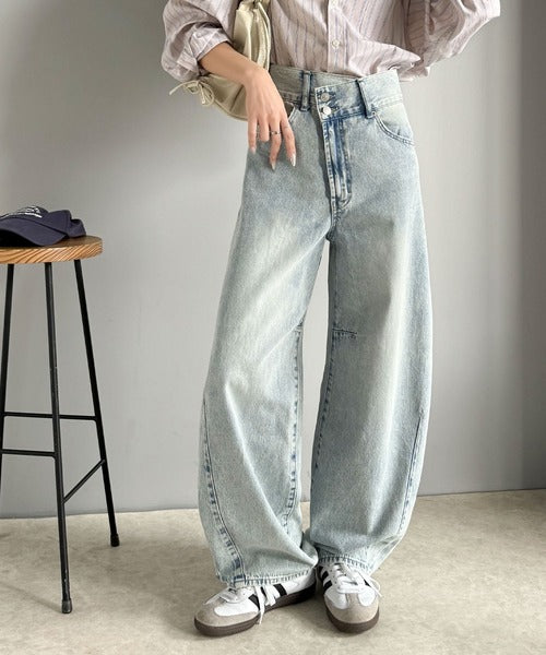 トレンド感抜群。コットン100%アシメウエストカーブデニムパンツ