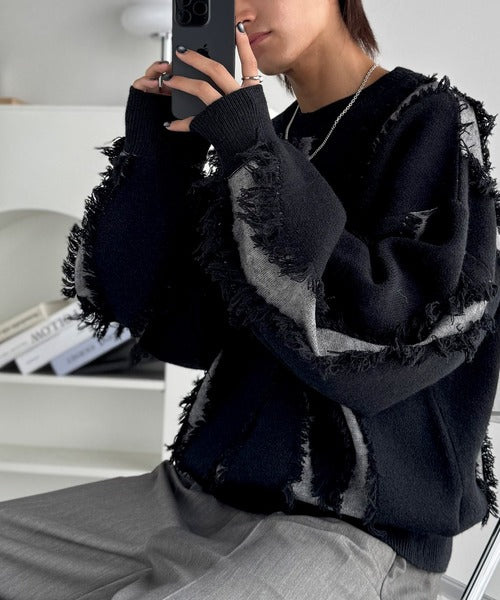 【classical origin】「着るだけで、印象派」。フリンジデザイン配色オーバーサイズニット（長袖）/Fringe design oversized long sleeve knit ao1260444