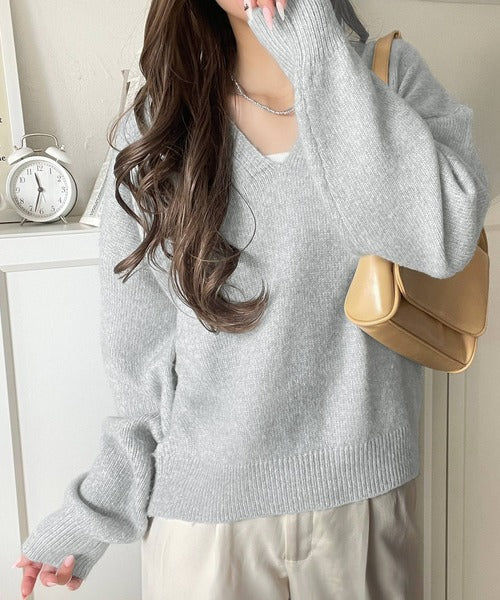 ふわっと軽やか◎メランジ調Vネックニットプルオーバー（長袖