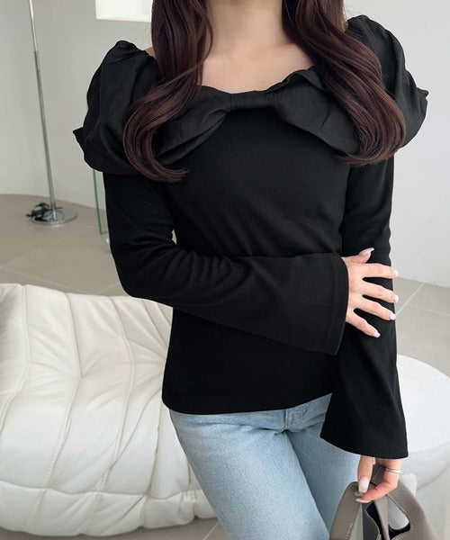 シアーコンビオフショルニット&バックリボンデニム シアーコンビオフショルニット&バックリボンデニム