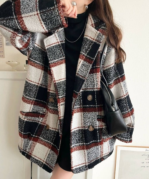 mily bilet】冬のコーデを引き立てる。起毛ブークレチェック柄コクーン