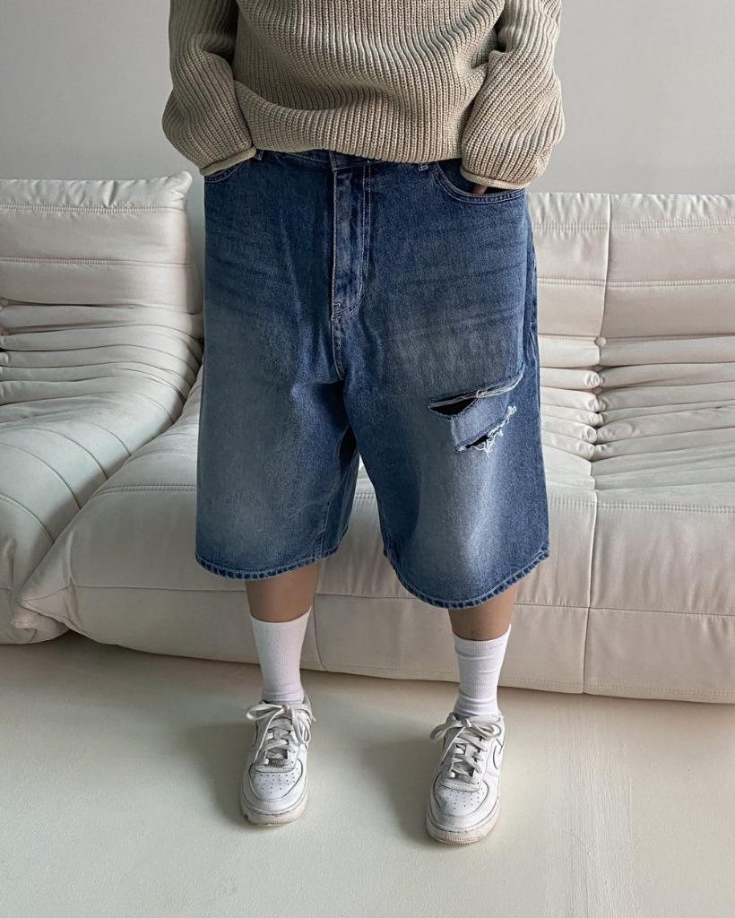 ユニセック]ダメージハーフデニムパンツ | ファッション通販