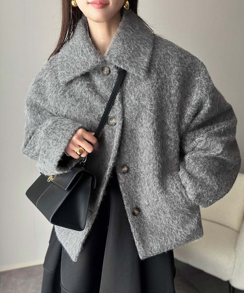 ベーシックアウターを、素材感で大人見えに◎リングシャギーショートコクーンシルエットジャケット ce1240096