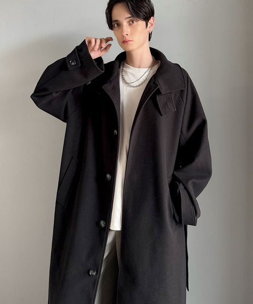 名作美品 セオリー BELVIN メルトン スタンドカラー ロングコート 黒 魅せ方、自由自在。襟2way比翼仕立てニットメルトンスタンドステン