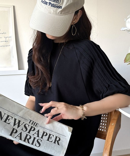 綿100% さらりと上品にきまる。袖タックラグラン半袖ワンピース